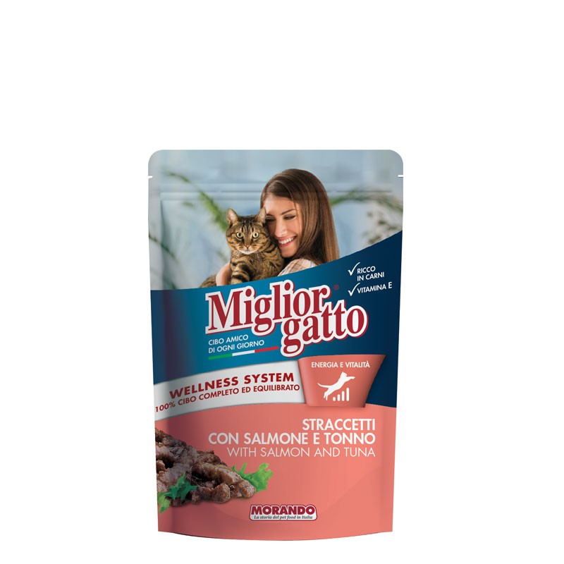 MIGLIORGATTO Pouch straccetti salmone e tonno GR 100 X 24