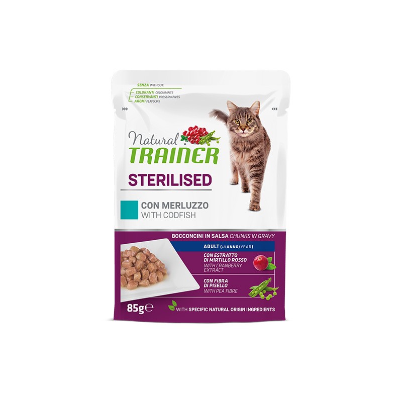 NATURAL TRAINER GATTO STERILISED MERLUZZO 85 GR X12