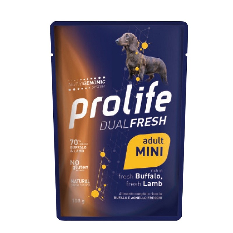 PROLIFE CANE DUALFRESH ADULT BUFALO E AGNELLO BUSTA GR 100 X 10