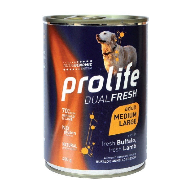 PROLIFE CANE DUALFRESH ADULT BUFALO E AGNELLO MEDIUM E LARGE LATTINA GR 400 X 6