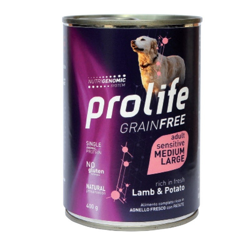 PROLIFE CANE GRAIN FREE ADULT AGNELLO E PATATE MEDIUM E LARGE LATTINA GR 400 X 6