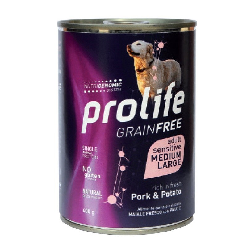 PROLIFE CANE GRAIN FREE ADULT MAIALE E PATATE MEDIUM E LARGE LATTINA GR 400 X 6