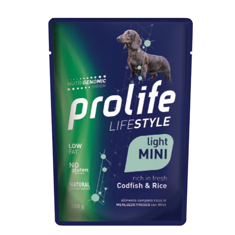 PROLIFE CANE LIFE STAGE ADULT LIGHT MERLUZZO E RISO BUSTA GR 100 X 10