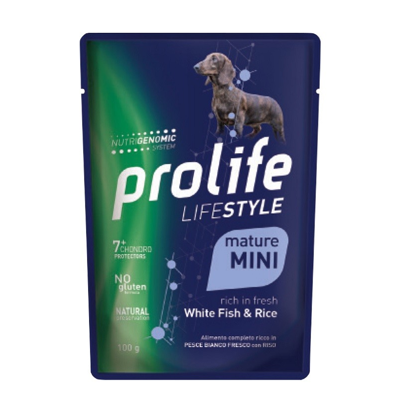 PROLIFE CANE LIFE STAGE ADULT MATURE PESCE E RISO BUSTA GR 100 X 10