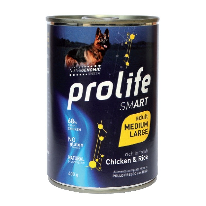PROLIFE CANE SMART ADULT POLLO E RISO MEDIUM E LARGE LATTINA GR 400 X 6