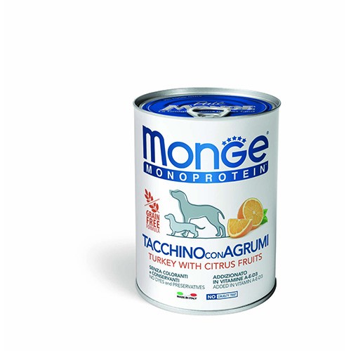 MONGE CANE FRUIT MONOPROTEICO TACCHINO/RISO/AGRUMI GR 400 6 lattine