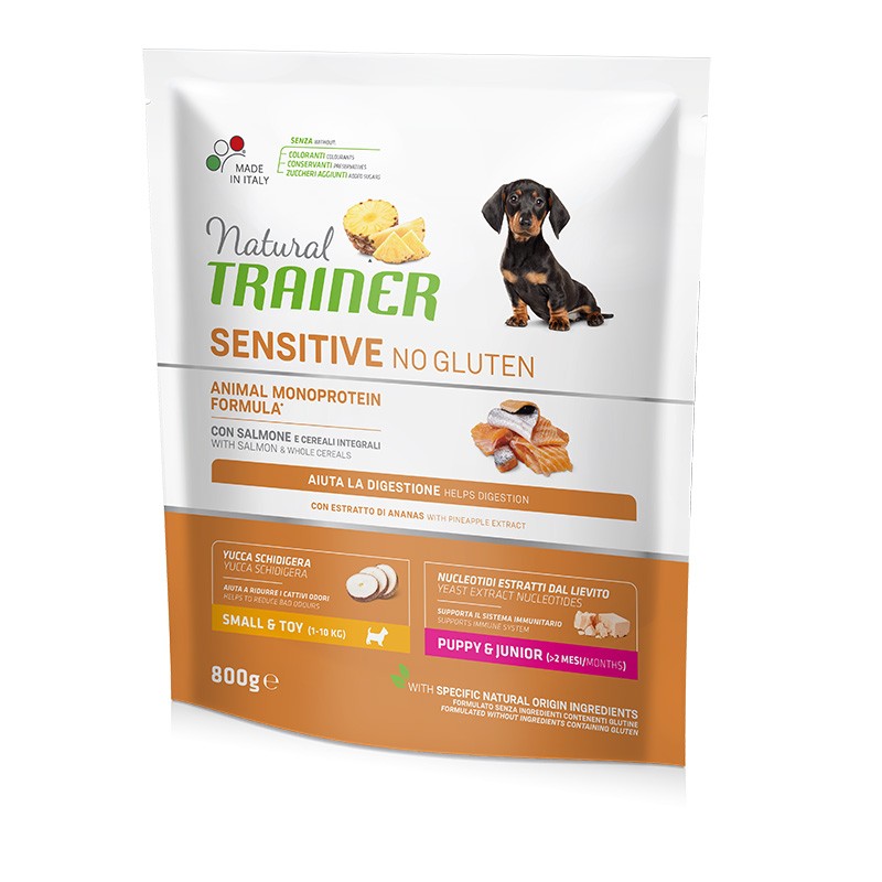 NATURAL TRAINER CROCCHETTE CANE SENSITIVE SMALL&TOY PUPPY&JUNIOR SALMONE 800 GR