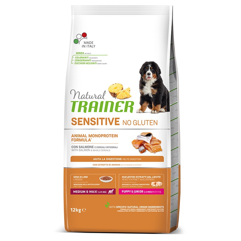 NATURAL TRAINER CROCCHETTE CANE SENSITIVE MEDIUM&MAXI PUPPY&JUNIOR SALMONE 12 KG
