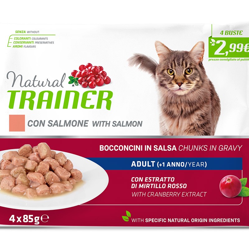 NATURAL TRAINER BOCCONCINI GATTO ADULT FLOWPACK SALMONE 85 GR (52 bustine)