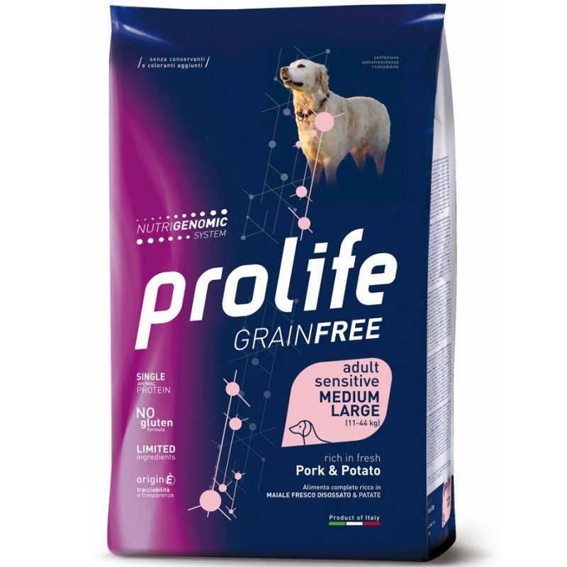 PROLIFE CANE GRAIN FREE SENSITIVE ADULT MAIALE E PATATE MEDIUM E LARGE KG 10