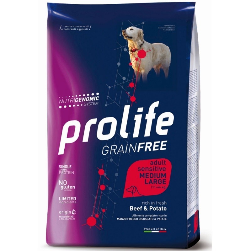 PROLIFE CANE GRAIN FREE SENSITIVE ADULT MANZO E PATATE MEDIUM E LARGE KG 10