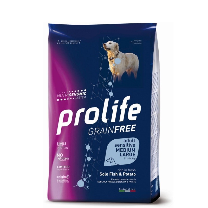 PROLIFE CANE GRAIN FREE SENSITIVE ADULT SOGLIOLA E PATATE MEDIUM E LARGE KG 10